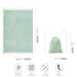 Hot sale striped cotton Turkish beach towel with bag SKU-01-Green