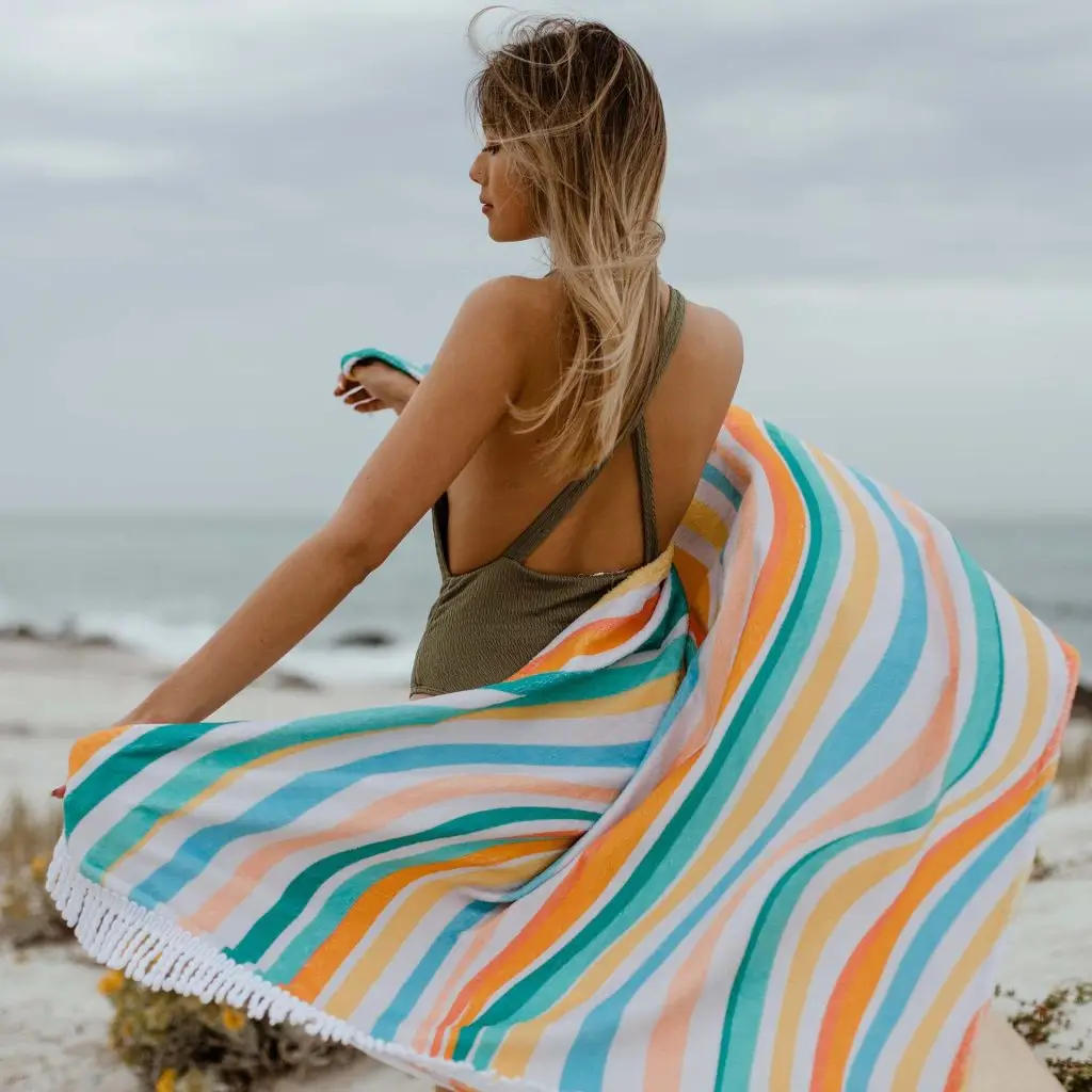 Rectangular quick dry beach towel with tassel wholesale supply